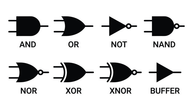 Logic gate circuit symbols: AND, OR, NOT, NAND, NOR, XOR, XNOR, and BUFFER diagrams