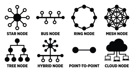 Network topology icons illustration. Star, bus, ring, mesh, tree, hybrid, point to point and cloud network diagrams