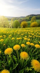 Fototapeta premium Vibrant field of yellow dandelions under a bright sunny sky