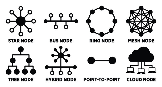 Network topology icons illustration. Star, bus, ring, mesh, tree, hybrid, point to point and cloud network diagrams