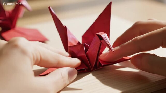 Close-up of hands folding red origami paper, creating a complex geometric shape.
