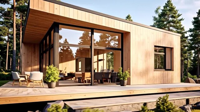 Modern wooden cabin with large glass windows and outdoor deck in a serene, natural environment