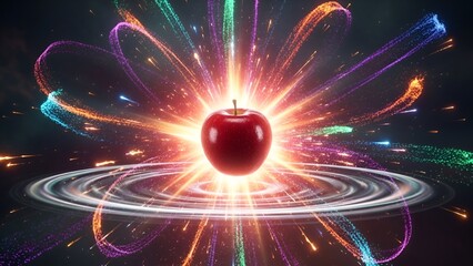 Surreal apple amidst vibrant cosmic energy and glowing planetary rings