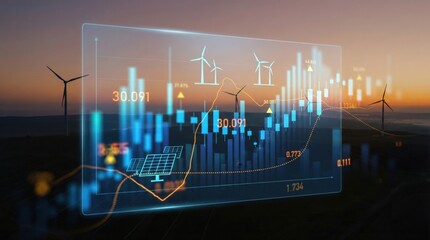 Renewable energy technology with wind turbines and solar panels,financial data overlay for sustainability and green investment