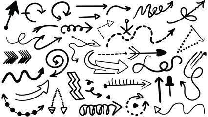 Collection hand drawn arrows. Set simple arrows isolated on white background. Arrow mark icons. Arrow paint - vector stock .