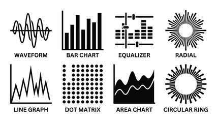 Fototapeta premium Chart and Graph Icons: Waveform, Bar Chart, Equalizer, Radial, Line Graph, Dot Matrix, Area Chart