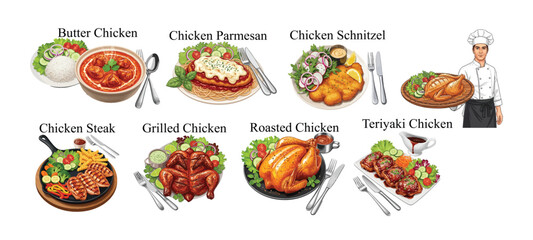 An inviting array of diverse chicken dishes, from butter chicken to roasted whole chicken, perfectly presented. Food vector Icons Set.