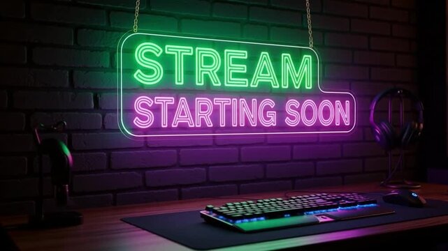 Streamer setup with neon sign saying stream starting soon