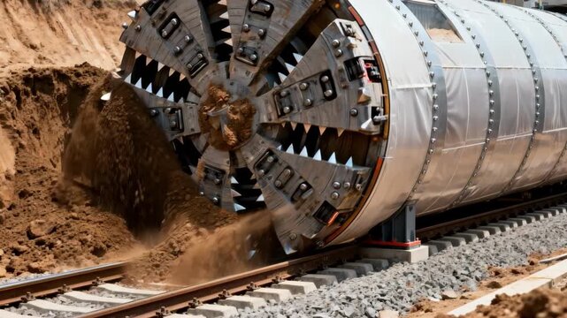 Detailed medium shot of a shielded tunnel boring machine with protective casing smoothly digging through soil for secure rail tunnel installation.