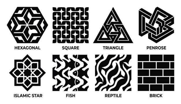 Geometric Pattern Designs: Hexagonal, Square, Triangle, Penrose, Islamic Star, Fish, Reptile, Brick