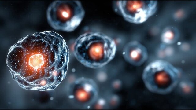 Orphan disease. Genetic disorder. Medical awareness. Microscopic view of cells with glowing nuclei in a dark background