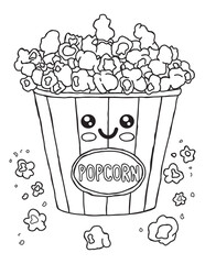 Adorable Kawaii Popcorn Bucket Coloring Page for Kids