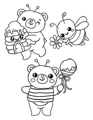 Adorable Honey Bear and Bee Kawaii Coloring Page Collection
