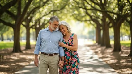 Joyful stroll under majestic trees with happy senior couple embracing nature's beauty