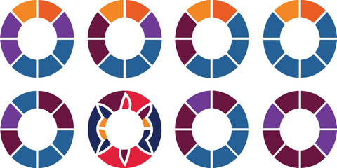 Pie chart color icons. 1,2,3,4,5,6,7,8,9,10 segment infographic. Circle section graph. Flat process cycle. Progress sectors. Colorful diagram collection. Vector illustration