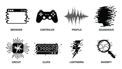 Obraz premium Digital glitch icon set with browser, controller, soundwave, circuit, clock and lightning.
