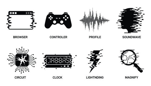 Digital glitch icon set with browser, controller, soundwave, circuit, clock and lightning.