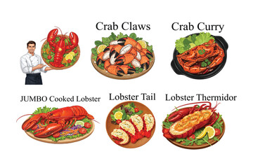 A delightful selection of gourmet seafood dishes featuring lobster and crab preparations. Food vector Icons Set.