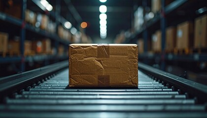 Brown cardboard package on conveyor belt in warehouse.