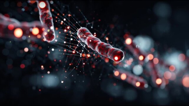 Orphan disease. Genetic disorder. Medical awareness. Colorful depiction of bacteria with glowing connections in a dark background.