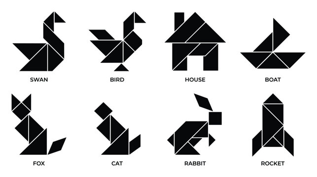 Tangram Puzzle Shapes Collection: Swan, Bird, House, Boat, Fox, Cat, Rabbit, and Rocket