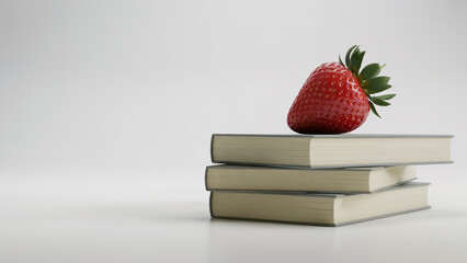 Single Red Strawberry Resting on Stack of Hardcover Books Isolated on White Background for Healthy Study Concept