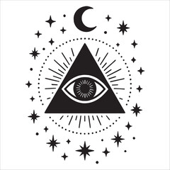 Mystical Eye In Triangle With Celestial Symbols
