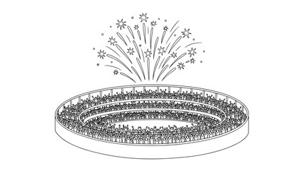 Celebrate with fireworks over a lively stadium crowd in line art style