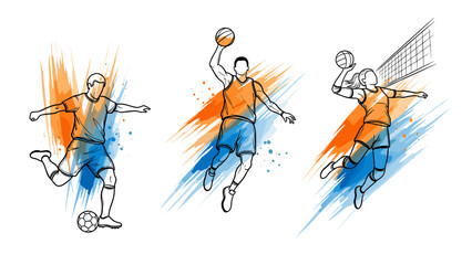 Dynamic sports action: soccer, basketball, volleyball in vibrant ink splash design