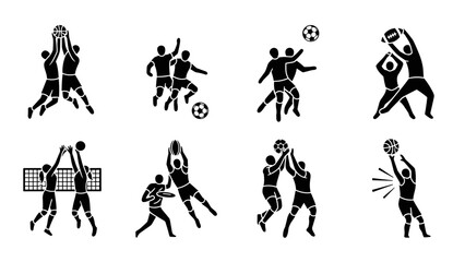 Dynamic silhouette of team sports: soccer, basketball, rugby, and volleyball action