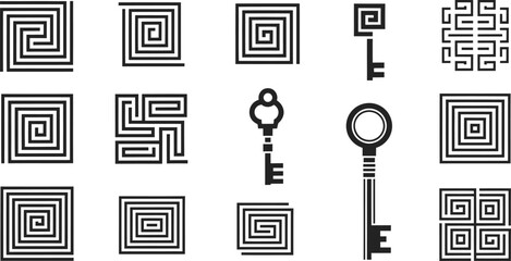 Collection of Greek Key and Maze Pattern Icons with Keys Keywords: greek key, maze, labyrinth, pattern, icon, symbol, design, geometric, ancient