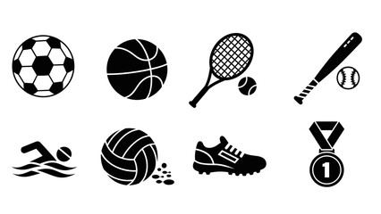 Obraz premium Sports icon set: silhouette collection of popular sports equipment and activities