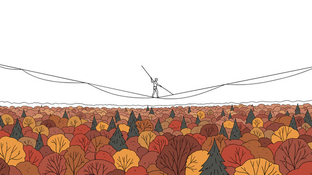 Tightrope walker balancing over colorful autumn forest in minimalist landscape