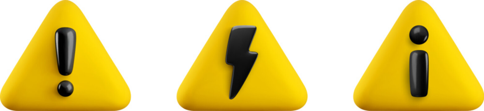 Vector Realistic 3d yellow triangle signs set. Cartoon 3d render of high voltage, danger exclamation mark, warning symbol. Electric shock hazard notification