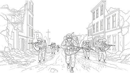 Fototapeta premium Soldiers in action: detailed linear art of troops in urban ruins