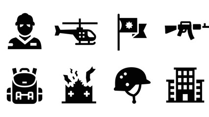 Fototapeta premium Military icons set: soldier, helicopter, flag, gun, backpack, explosion, helmet, building