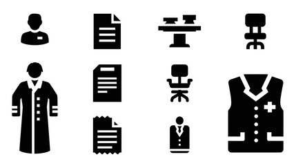 Medical office elements: silhouettes of professionals, documents, and furniture