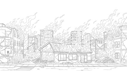 Urban fire chaos: detailed line art of a city in flames with ruined buildings