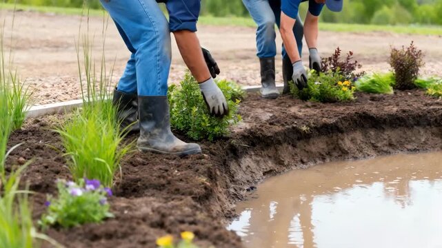 Medium shot of workers planting native vegetation in a rain garden to control stormwater runoff and promote natural water infiltration.