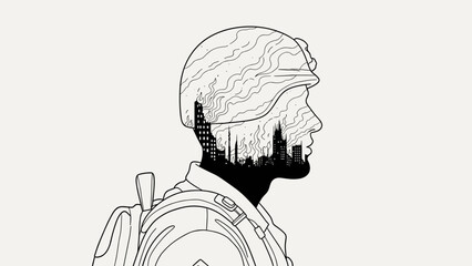 Soldier silhouette with cityscape and war imagery theme