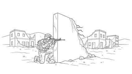 Fototapeta premium Soldier in battle position with rifle in desolate urban environment, black and white line art