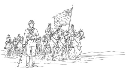 Fototapeta premium Historical cavalry procession in detailed line art style
