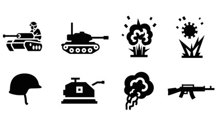 Fototapeta premium Military silhouette icons: tank, explosion, helmet, and more