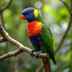 Colorful lorikeet parrot perched on a tree branch, with a blurred nature background.
