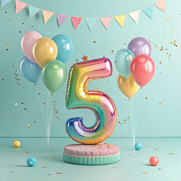 Festive number 5 with balloons for fifth joyous celebration and decoration.