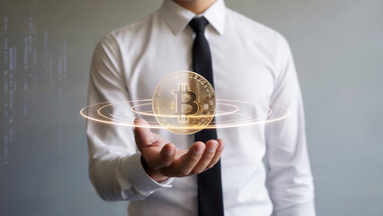 Businessman in Tie Holding Glowing Gold Bitcoin Hologram in Hand for Cryptocurrency Finance Concept