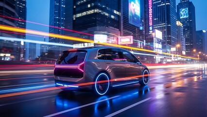 Futuristic Car Driving at Night in a City with Neon Lights