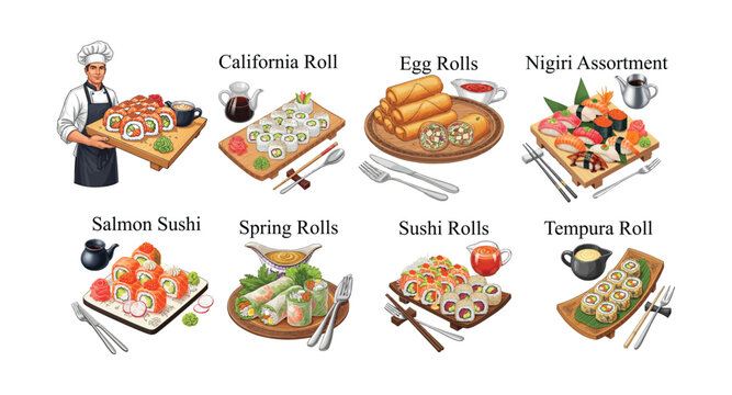 A diverse culinary journey featuring an exquisite assortment of oriental rolls and sushi. Food vector Icons Set.