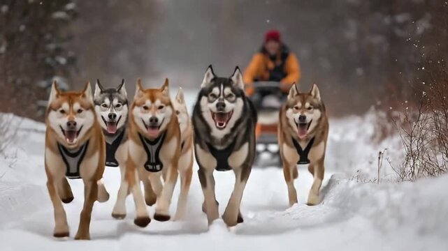 sled dogs running in snowy landscape video