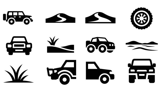Minimalist off-road icons featuring jeeps and rugged landscapes